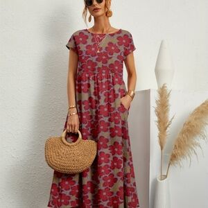 Floral Print Linen Blend Short Sleeve Dress